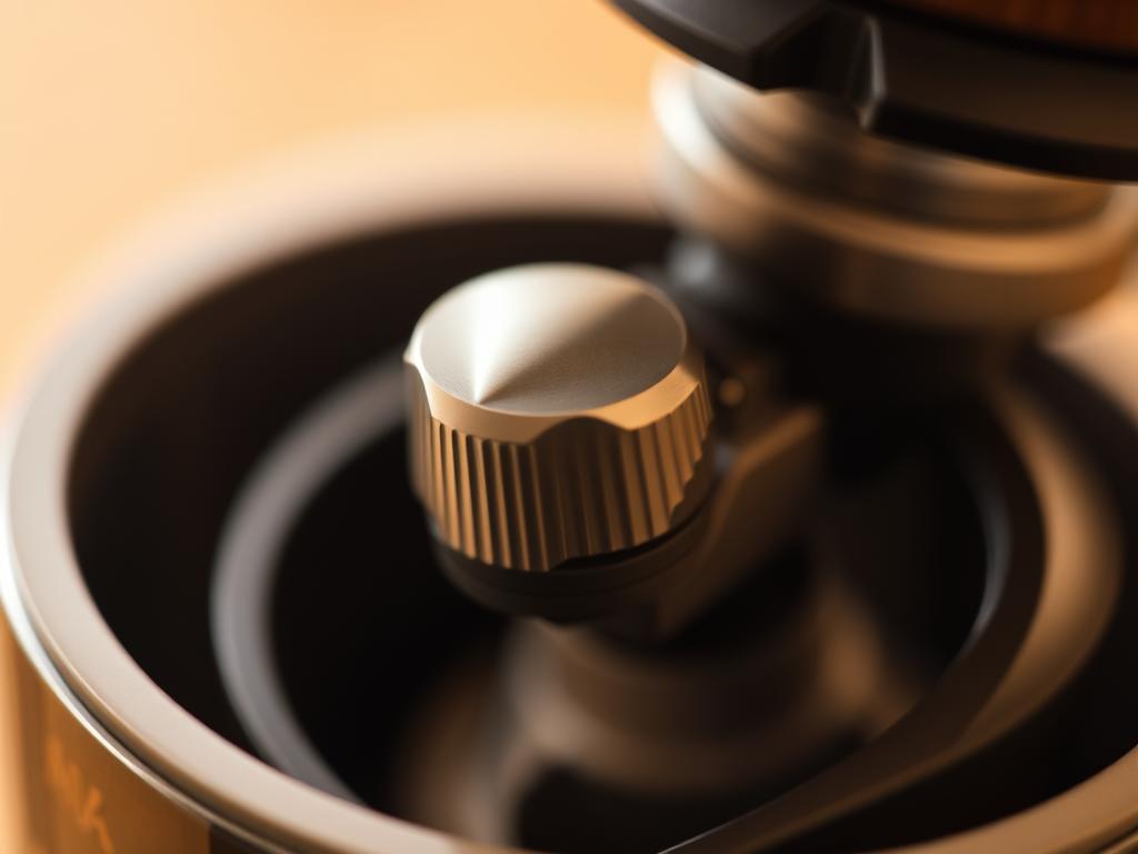 A close-up shot of a coffee grinder's adjustment mechanism, known as a "Mahlgrad," set against a warm, soft-focus background. The metal dial is precisely calibrated, with subtle gradations marked along its circumference. The grinder's internals are partially visible, with the burrs or blades meticulously aligned. Soft, diffused lighting creates a sense of depth and emphasis on the adjustment mechanism, conveying the care and precision required to find the optimal grind size for your coffee. The overall mood is one of careful consideration and attention to detail, reflecting the importance of this adjustment for achieving the perfect brew.
