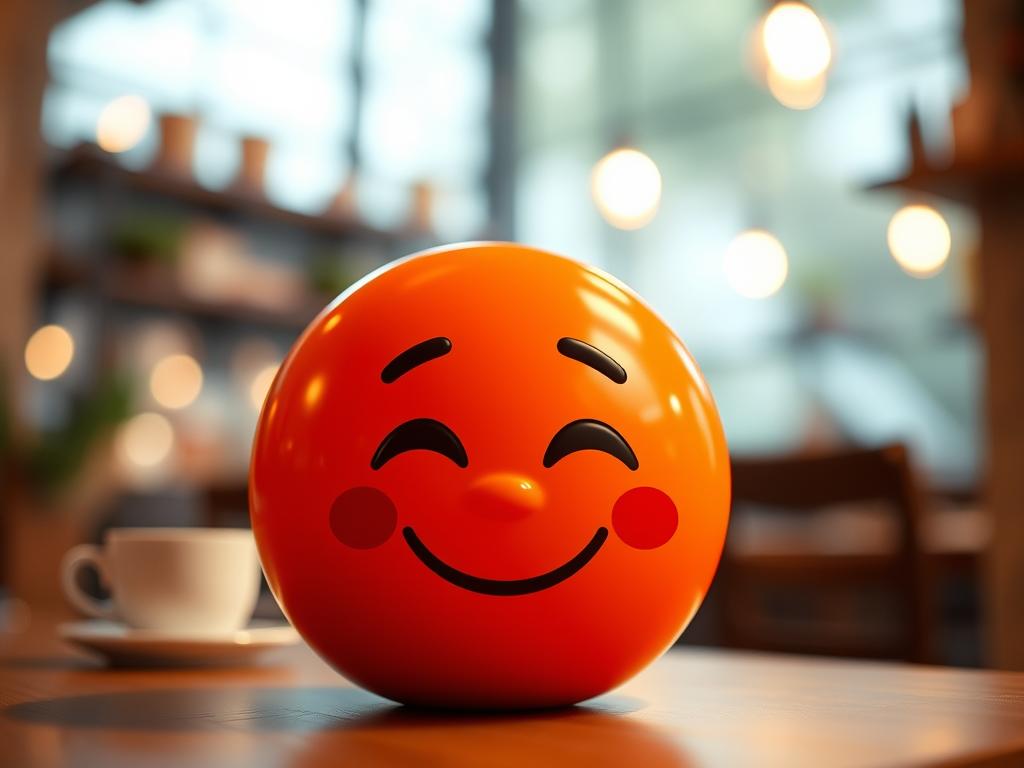 A close-up shot of a vibrant and inviting kaffee emoji, rendered in a soft, warm lighting and depth of field. The emoji is placed in the foreground, with a blurred background of a cozy cafe setting, hinting at the social and relaxing atmosphere associated with coffee. The expression on the emoji's face conveys a sense of coziness, comfort, and enjoyment, reflecting the positive connotations of the kaffee emoji. The image is composed with a slight angle, adding a dynamic and engaging perspective. The overall mood is one of contentment, capturing the essence of the kaffee emoji and its significance in digital communication.