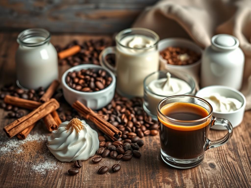 A close-up shot of an assortment of coffee creme ingredients on a rustic wooden table. In the foreground, a rich, creamy espresso shot, freshly poured and steaming, sits alongside an array of fragrant spices - cinnamon sticks, vanilla beans, and a dusting of nutmeg. In the middle ground, various dairy products, such as heavy cream, milk, and mascarpone cheese, are arranged neatly. The background features a selection of whole coffee beans, roasted to a deep, caramelized hue, and a simple, neutral-toned linen cloth adds a touch of elegance. The lighting is soft and diffused, creating a warm, inviting atmosphere, and the composition is balanced and visually appealing.