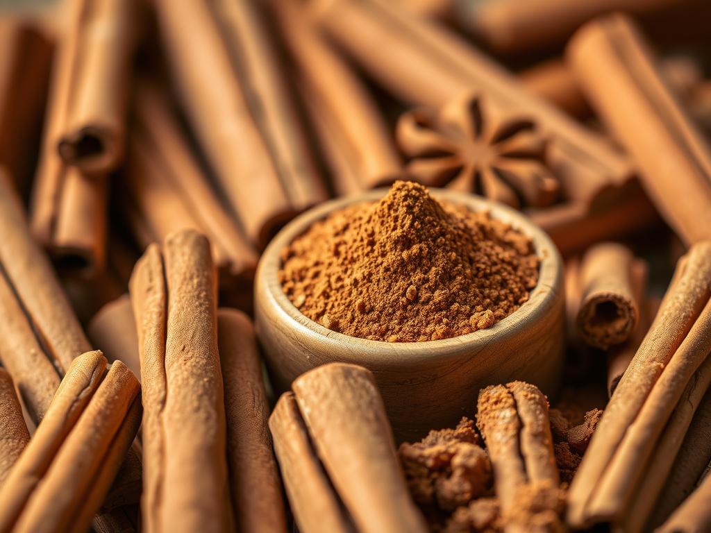 A close-up shot of various cinnamon sticks and cinnamon powder, showcasing their distinct colors, textures, and aromatic properties. The foreground features a selection of cinnamon sticks in different shades of brown, their surfaces reflecting the warm lighting. In the middle ground, a small pile of ground cinnamon powder sits in a wooden bowl, its rich, earthy hue contrasting with the lighter wooden tones. The background is softly blurred, creating a sense of depth and focus on the cinnamon specimens. The lighting is soft and natural, accentuating the intricate details and subtle variations within the cinnamon varieties. The overall mood is inviting and serene, highlighting the natural, wholesome qualities of this versatile spice.