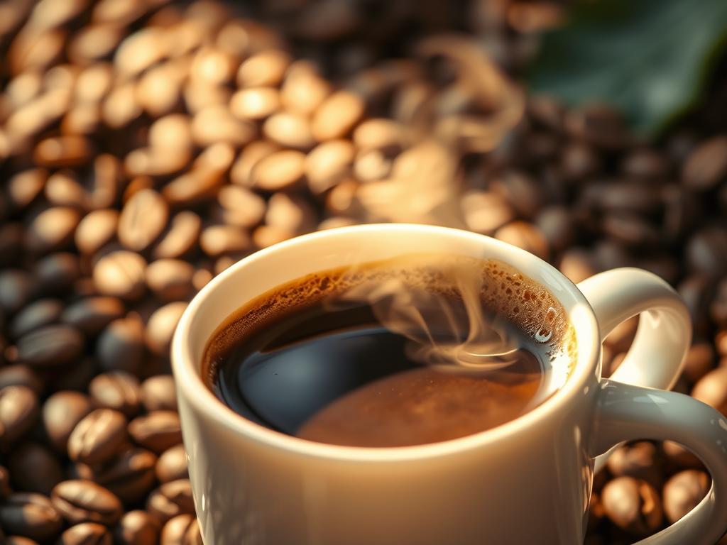 A close-up view of a steaming cup of freshly brewed coffee, with warm rays of light illuminating the rich, dark-brown liquid and the delicate foam on top. In the background, a blurred arrangement of various coffee beans, their textures and colors creating a visually captivating depth of field. The lighting is soft and natural, casting gentle shadows that highlight the intricate details of the coffee's composition. The overall mood is one of calm, contemplation, and the inviting aroma of the perfect cup of coffee, ready to provide a rejuvenating boost to the human body.