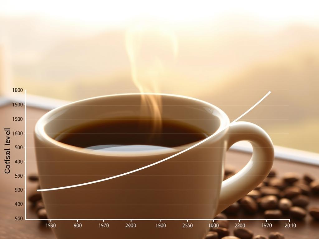A close-up view of a steaming hot cup of freshly brewed coffee, its aroma wafting through the air. In the foreground, a scientific graph depicts the relationship between coffee consumption and cortisol levels, with a smooth, elegant curve tracing the correlation. The background features a blurred, calming landscape of rolling hills and a soft, diffused natural light, creating a sense of balance and contemplation. The overall composition conveys the connection between the stimulating effects of coffee and its impact on the body's stress response, inviting the viewer to explore the nuanced relationship between these two elements.