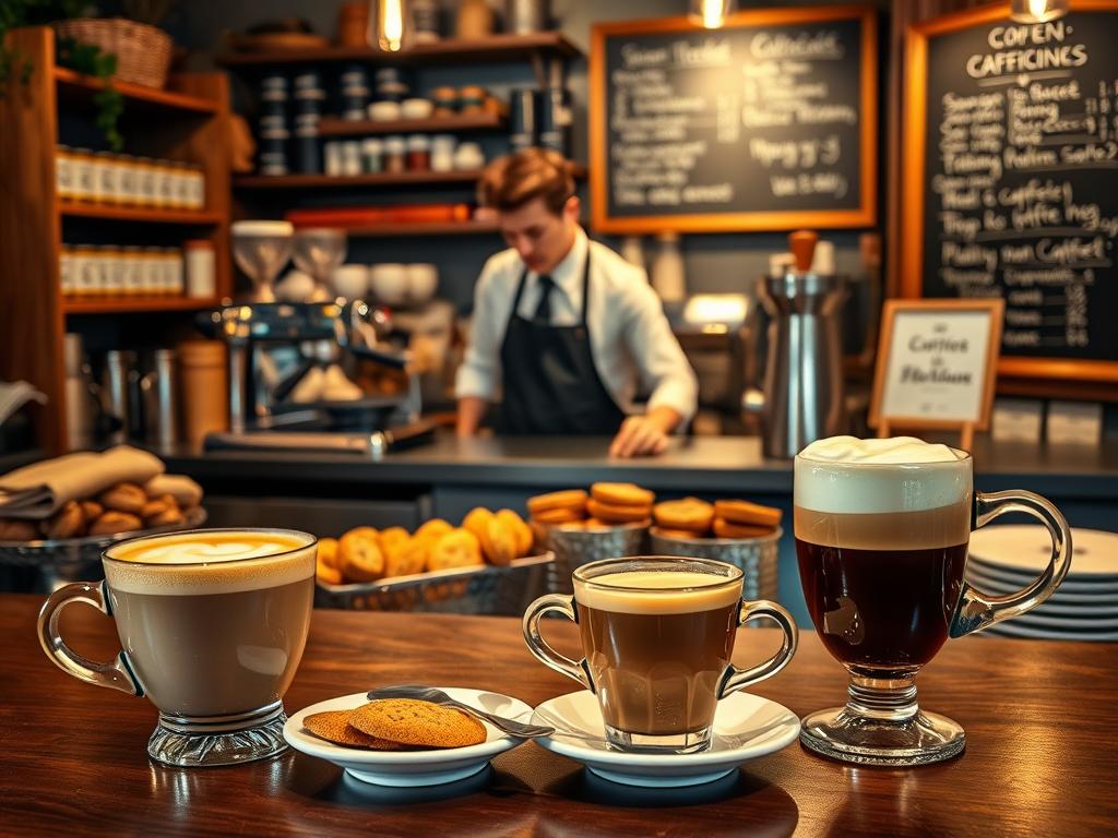A cozy Italian café setting, illuminated by warm, golden lighting. In the foreground, an array of classic Italian coffee drinks - a frothy cappuccino, a rich espresso, and a creamy caffè latte, each presented in a sleek, modern glass or ceramic cup. On the counter, a selection of biscotti, amaretti, and other traditional Italian pastries. In the middle ground, a barista in a crisp white shirt and black apron, skillfully preparing the beverages. In the background, a vintage Italian espresso machine, shelves of premium coffee beans, and a chalkboard menu featuring the café's specialty offerings. The overall atmosphere is one of rustic elegance and authentic Italian charm.