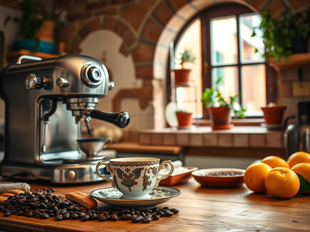 A cozy Italian kitchen scene with a warm, rustic atmosphere. In the foreground, a traditional Italian espresso machine sits on a wooden countertop, steam rising from the freshly brewed coffee. Surrounding it, various Italian culinary ingredients such as whole coffee beans, biscotti, and citrus fruits create a visually appealing composition. In the middle ground, an ornate vintage coffee cup and saucer stand ready to be filled, reflecting the warm lighting from a nearby window. The background features classic Italian architectural elements, like a stone archway, terracotta tiles, and potted herbs on a windowsill, transporting the viewer to the heart of an authentic Italian kitchen. The overall mood is one of comfort, tradition, and the rich, aromatic experience of Italian coffee culture.