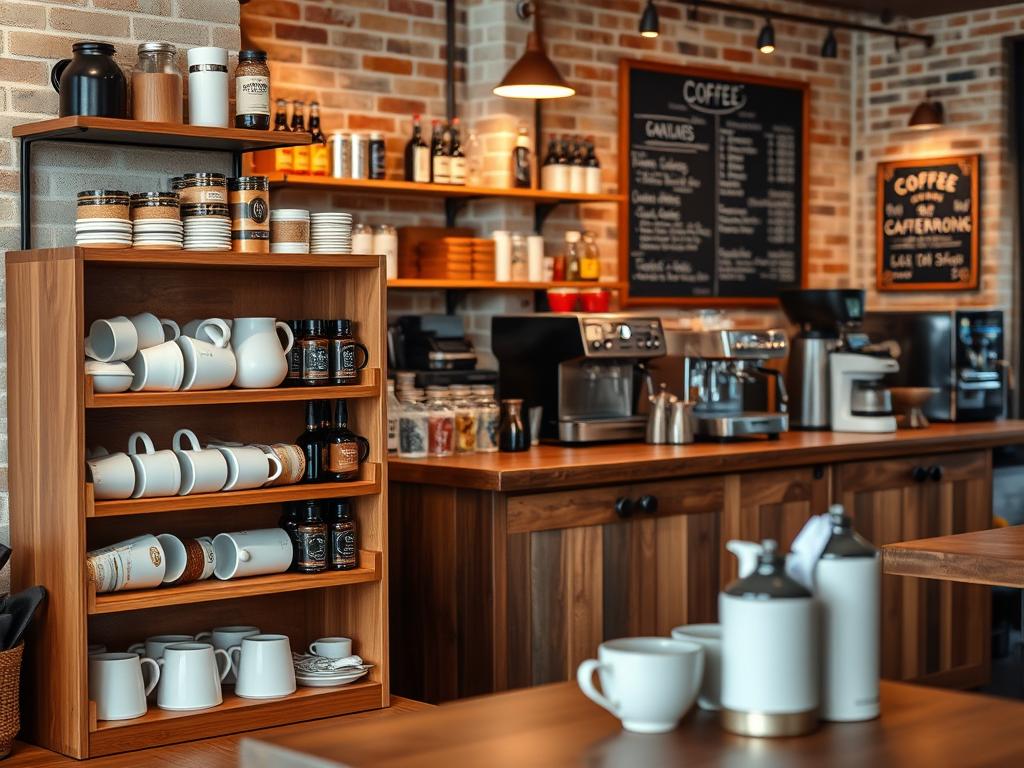 A cozy and well-organized coffee bar with a focus on high-quality coffee accessories. In the foreground, a sleek wooden coffee organizer showcases an assortment of artisanal coffee mugs, beans, and brewing equipment. The middle ground features a rustic wooden counter with a state-of-the-art espresso machine and a variety of coffee syrups and sweeteners. In the background, a warm, industrial-chic ambiance is created by exposed brick walls, soft lighting, and a chalkboard menu displaying the coffee shop's specialty drinks. The overall scene exudes a sense of passion for the coffee-making craft and a welcoming atmosphere for the discerning coffee enthusiast.