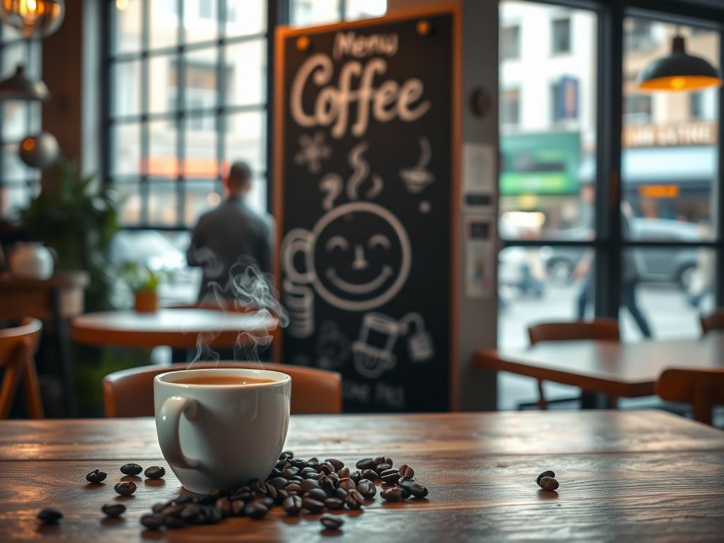A cozy coffee shop interior with a warm, inviting atmosphere. In the foreground, a steaming mug of coffee sits on a wooden table, surrounded by a scattering of coffee beans. The middle ground features a hand-drawn chalkboard menu with an elegantly sketched coffee emoji, its expression conveying a sense of popularity and charm. In the background, soft lighting filters through large windows, revealing a bustling urban street scene beyond. The overall mood is one of comfort, familiarity, and the universal appeal of the beloved coffee emoji.