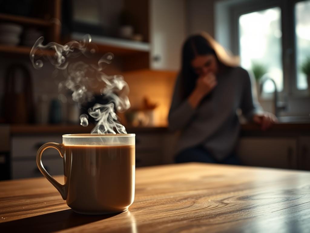 A cozy, dimly lit kitchen scene. In the foreground, a steaming mug of freshly brewed coffee sits on