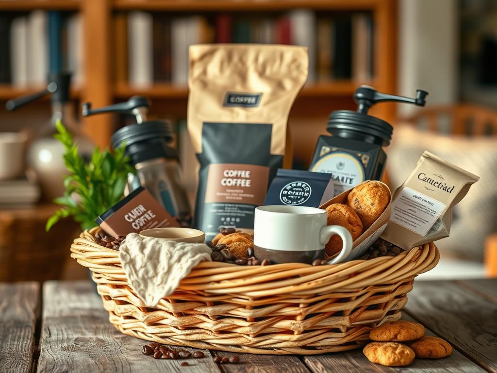 A cozy, rustic coffee gift basket filled with an assortment of freshly roasted whole bean coffee, a ceramic mug, a coffee grinder, and a selection of artisanal biscotti. The basket is made of woven wicker, nestled on a weathered wooden surface. Soft, warm lighting illuminates the scene, casting a golden glow. In the background, a blurred bookshelf hints at a cozy, inviting space. The overall mood is one of comfort, indulgence, and the pleasures of specialty coffee.