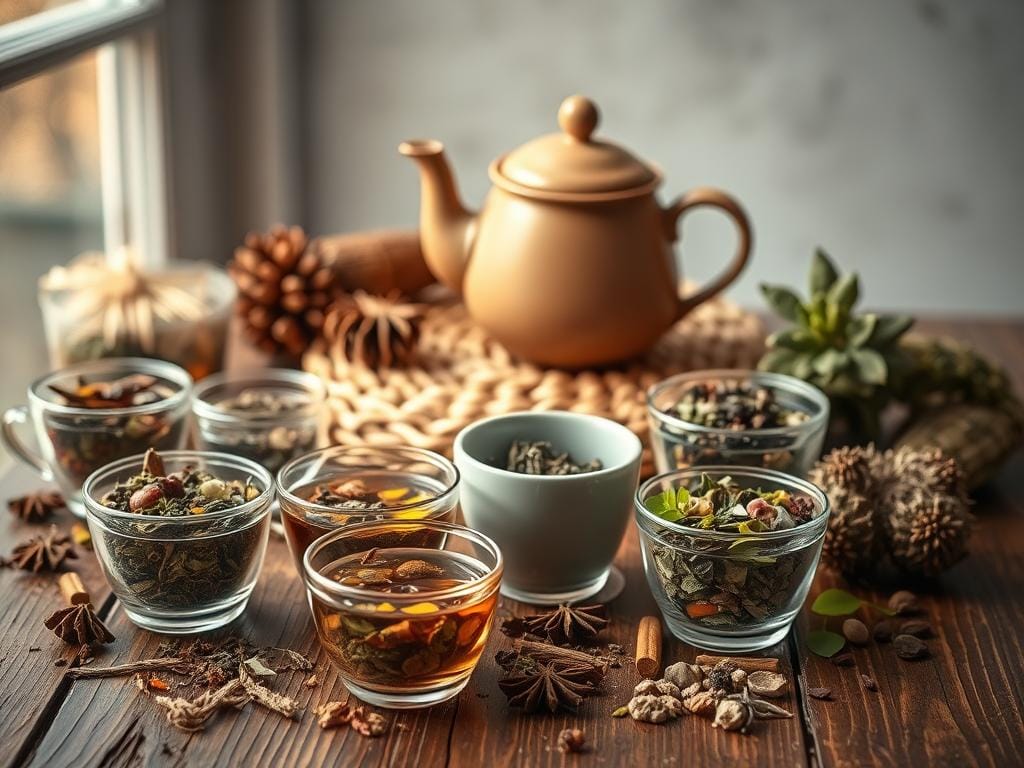 A cozy still life featuring an array of herbal teas on a rustic wooden table, with a soothing, warm