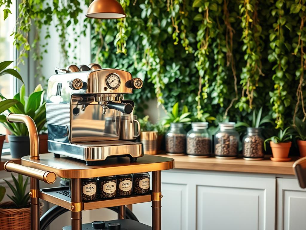 A cozy, vintage-inspired coffee cart, its wooden frame and brass accents gleaming in the soft, natural light. In the foreground, a sleek, stainless steel espresso machine sits atop the cart, its polished surface reflecting the warm glow of the overhead lighting. The cart's shelves are stocked with neatly arranged glass jars filled with fragrant coffee beans, their labels prominently displayed. In the background, a lush, verdant backdrop of potted plants and hanging vines create a serene, cafe-like atmosphere. The overall scene radiates a sense of craftsmanship, attention to detail, and a dedication to the art of coffee-making.