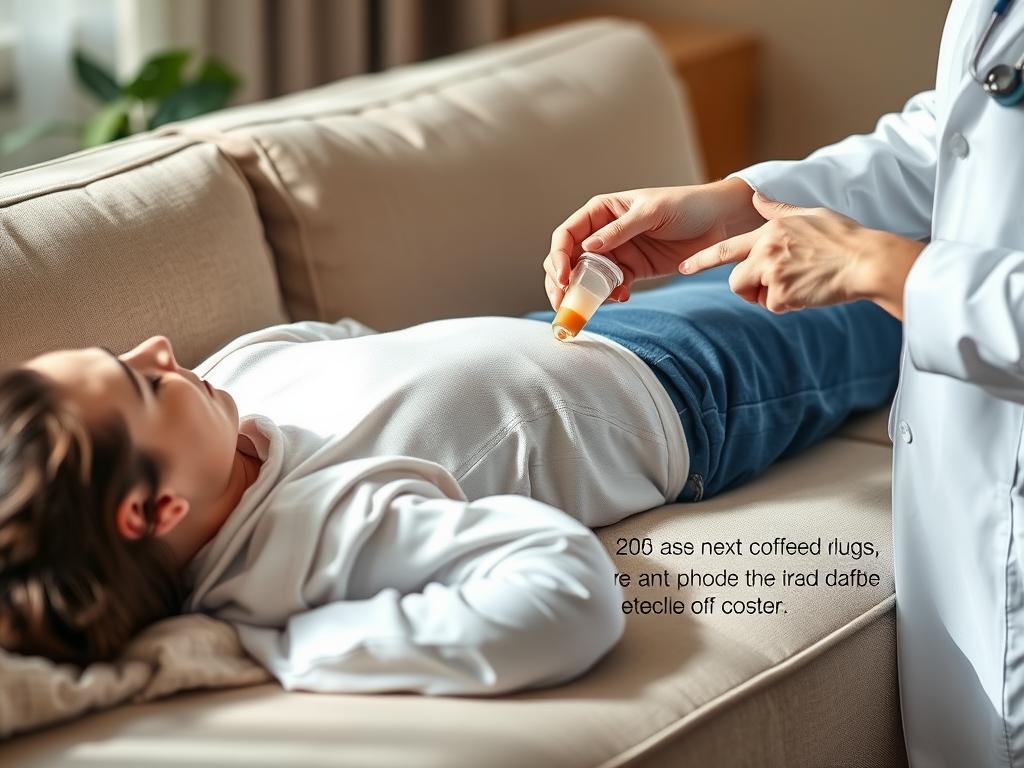 A detailed step-by-step instructional image depicting the proper technique for administering a coffee enema. The scene shows a person lying on their side on a couch, with a healthcare professional carefully guiding the insertion of a lubricated enema nozzle. The image is shot from an angle to clearly illustrate the process, with soft natural lighting illuminating the scene. The overall mood is calm and clinical, with a focus on the proper and hygienic execution of the procedure. The background is subtly out of focus, drawing the viewer's attention to the central action.