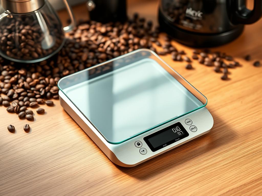 A high-quality, precision digital coffee scale for discerning baristas and coffee enthusiasts. Sleek, minimalist design with a tempered glass platform, backlit LCD display, and stainless steel accents. Captures weights from 0.1g to 3000g with exceptional accuracy. Backlit display provides clear readouts in multiple units. Designed for effortless single-handed operation. Subtle ambient lighting creates a warm, inviting atmosphere. Positioned on a wood-grain surface with a variety of fresh, aromatic coffee beans and brewing equipment in the background. Soft, natural lighting illuminates the scene, highlighting the scale's premium build quality and user-friendly features.