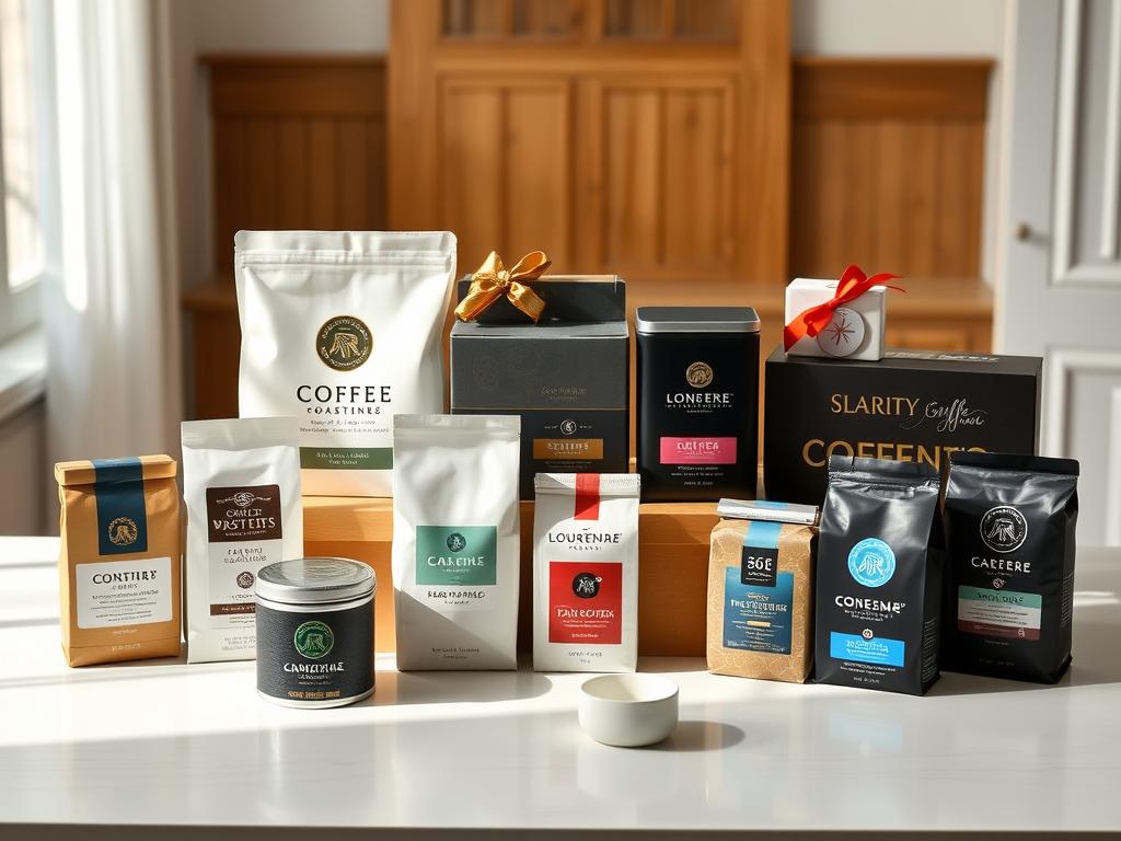 A high-quality, visually-appealing arrangement of various popular coffee gift set brands, presented in a stylish and inviting manner. The scene features a well-lit, minimalist tabletop setting with a selection of premium coffee packaging, including bags, tins, and boxes from well-known specialty coffee roasters. The products are artfully displayed, complemented by a neutral color palette and soft, diffused lighting to create an elegant, sophisticated atmosphere. The overall composition emphasizes the quality and diversity of the coffee gift set options, inspiring the viewer's interest and desire to explore these celebrated brands.