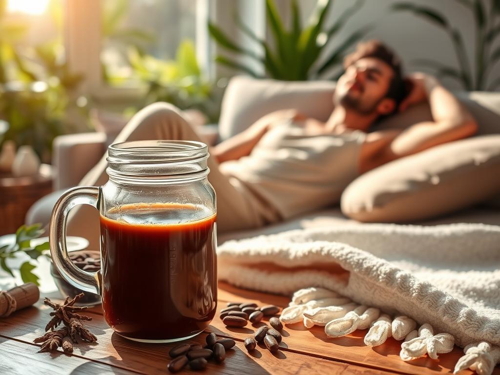 A serene, sunlit scene depicting the benefits of a coffee enema for health. In the foreground, a glass jar filled with aromatic, freshly brewed coffee sits on a wooden table, surrounded by soothing herbal supplements and a soft, plush towel. The middle ground showcases a person reclining comfortably on a cozy couch, their expression one of deep relaxation as they experience the cleansing and rejuvenating effects of the coffee enema. The background features a tranquil, nature-inspired setting with lush greenery and a calming, earthy color palette. The lighting is soft and warm, creating an atmosphere of wellness and rejuvenation. The overall scene conveys the holistic benefits of this ancient health practice, from improved digestion to enhanced liver function and immune system support.