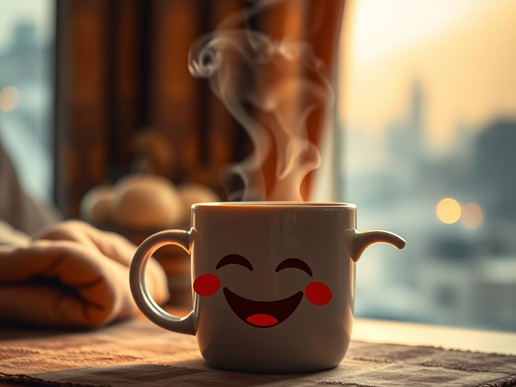 A steaming mug of freshly brewed coffee, its rich aroma wafting through the air, set against a cozy, intimate setting. Soft, warm lighting illuminates the scene, casting a comforting glow. In the foreground, the iconic coffee emoji, rendered in a stylized, expressive manner, conveys a sense of joy, energy, and contentment. The background features a blurred, hazy cityscape, suggesting the universal appeal and significance of this beloved beverage. The overall mood is one of relaxation, indulgence, and the simple pleasures of life, capturing the emotional associations commonly linked to the coffee emoji.