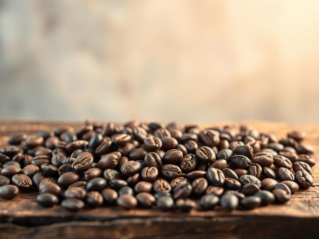 A still life arrangement of a selection of high-quality coffee beans, meticulously photographed with a macro lens against a soft, blurred background. The beans are evenly scattered across a rustic wooden surface, showcasing their rich, varied hues and textures. Warm, diffused lighting from a low angle creates gentle shadows, emphasizing the three-dimensional quality of the beans. The overall composition conveys a sense of artisanal craftsmanship and the passion of true coffee connoisseurs.