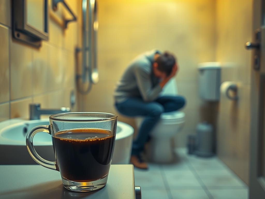 A stomach-churning scene of coffee's impact on the digestive system. In the foreground, a glass of 