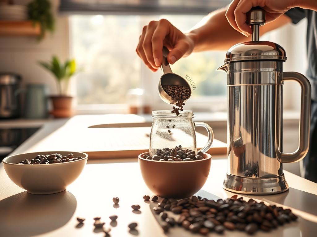A sun-drenched kitchen counter, fresh coffee beans in a ceramic bowl, a shiny silver coffee grinder, and a gleaming french press poised in the foreground. In the middle ground, a skilled barista's hands carefully measure and grind the beans, expertly preparing the perfect brew. Behind them, a softly lit window reveals a lush garden, hinting at the serene atmosphere. The lighting is warm and inviting, accentuating the rich, earthy tones of the coffee. The overall composition exudes a sense of tranquility and expertise, perfectly capturing the essence of crafting the perfect cup of coffee to avoid bitterness or sourness.