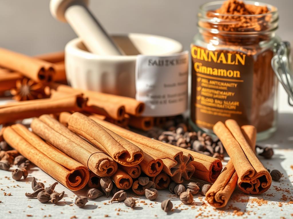 A vibrant still life depicting the health benefits of cinnamon. In the foreground, a selection of whole cinnamon sticks, their warm, earthy tones complemented by a scattering of whole cloves. The middle ground features a mortar and pestle, grinding the spices into a fine powder. In the background, a glass jar filled with the ground cinnamon, its label highlighting its antioxidant, anti-inflammatory, and blood sugar-regulating properties. The scene is illuminated by soft, natural lighting, casting gentle shadows and creating a calming, inviting atmosphere. The composition emphasizes the versatility and wellness advantages of this aromatic spice.