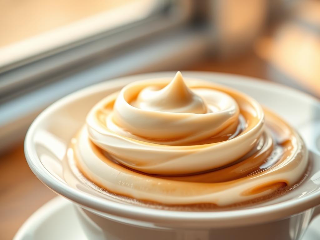 A visually appealing close-up of a delicately swirled and textured coffee cream, artfully presented on a clean white plate or saucer. The cream is glistening and rich, with subtle shadows and highlights that accentuate its creamy, velvety appearance. The background is softly blurred, allowing the coffee cream to be the focal point. The lighting is warm and natural, creating a cozy, inviting atmosphere. The composition is balanced and visually striking, showcasing the coffee cream's luxurious texture and appealing aesthetic.