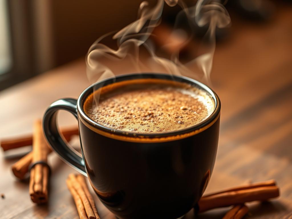A warm, intimate scene of a steaming mug of freshly brewed coffee, the surface gently dusted with a delicate layer of ground cinnamon. The rich, aromatic steam curls upwards, filling the air with the comforting scent of the two intertwined ingredients. Soft, ambient lighting casts a cozy glow, highlighting the contrast between the dark, velvety coffee and the earthy, vibrant cinnamon. The mug is placed on a wooden surface, surrounded by a few whole cinnamon sticks, adding depth and texture to the overall composition. The image evokes a sense of tranquility and well-being, hinting at the potential health benefits of this soothing caffeine-spice combination.