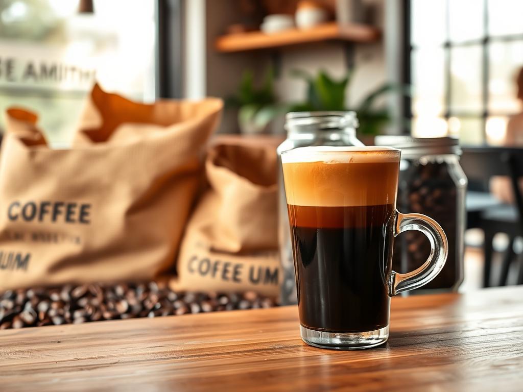 A warm, well-lit café setting showcasing an artfully crafted cortado. The foreground features the beverage resting atop a smooth, wooden surface, its creamy foam and dark espresso hues glistening under the soft lighting. In the middle ground, an assortment of premium coffee beans in burlap sacks and glass jars add depth and texture, hinting at the care and attention given to the bean selection. The background captures the cozy ambiance of the café, with muted tones, natural wood accents, and a hint of greenery, creating a serene and inviting atmosphere.