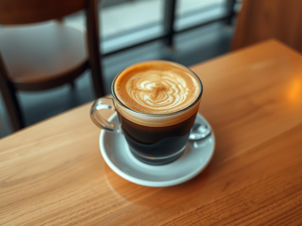 A well-crafted cortado served in a cozy café setting. A thick layer of microfoam sits atop a rich, velvety espresso, the perfect balance of bitter and sweet. The cup rests on a small saucer, the surrounding table adorned with a simple yet elegant wood grain. Warm, diffused lighting casts a soft glow, creating an intimate, inviting atmosphere. The scene is captured from a slightly elevated perspective, emphasizing the care and attention to detail in the preparation of this beloved coffee drink.