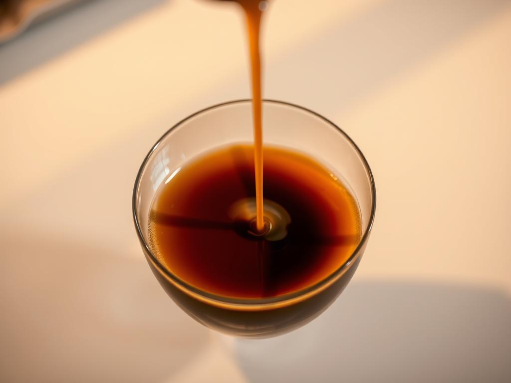 A well-crafted pour of low-acid coffee, its deep brown hue shimmering under warm, diffused lighting. The surface gently ripples, reflecting the muted tones of a modern, minimalist kitchen counter. Delicate steam curls upward, hinting at the balanced, nuanced flavors within. The image conveys a sense of careful preparation and an appreciation for the subtle complexities of specialty coffee. The overall mood is one of tranquility and sophistication, inviting the viewer to savor each sip.