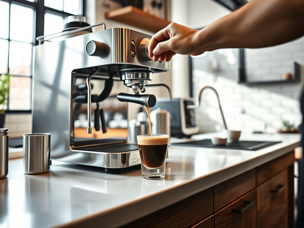 A well-lit countertop with a stainless steel espresso machine, its steam wand delicately crafting a velvety microfoam. Beside it, a small glass filled with freshly pulled espresso, its crema shimmering. Surrounding the scene, a minimalist café setting with white subway tiles, wood accents, and soft, natural lighting filtering through large windows. The barista, their movements precise and focused, pours the espresso into a small, ceramic cortado cup, the rich, dark liquid blending seamlessly with the silky milk. The final result, a perfectly balanced and visually stunning cortado, ready to be savored and enjoyed.