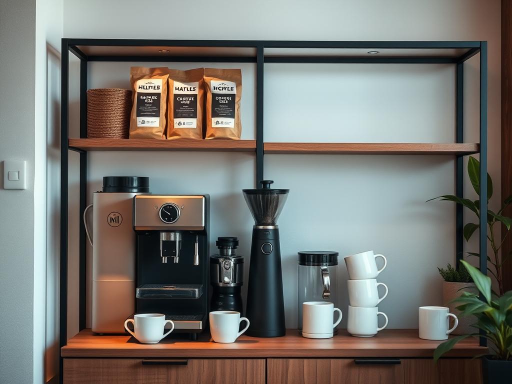 A well-organized, minimalist coffee station with a focus on functionality and aesthetics. A sleek wooden or metal shelving unit displaying various coffee paraphernalia: a high-end coffee machine, a selection of whole bean coffee bags, a grinder, and neatly arranged ceramic mugs. Soft, indirect lighting casts a warm, inviting glow, while natural elements like plants or a rustic wooden backdrop create a cozy, homey atmosphere. The overall composition is clean, balanced, and visually appealing, reflecting the care and attention to detail of a passionate coffee enthusiast.