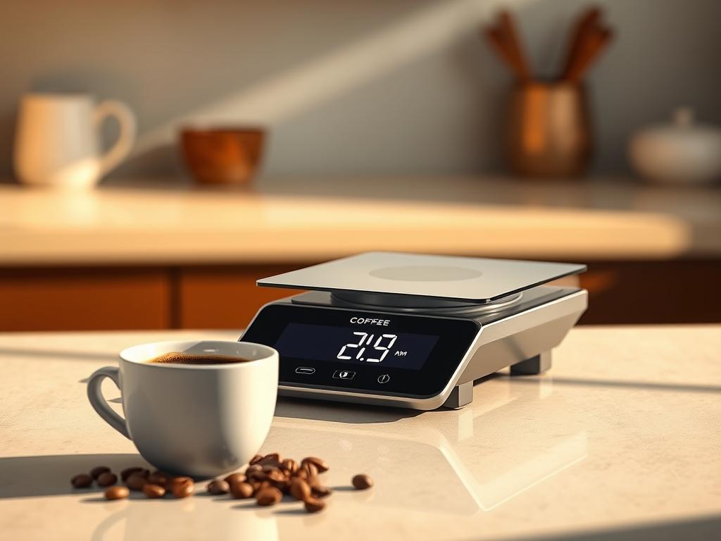 a high-quality detailed digital illustration of a digital coffee scale, featuring a sleek, modern design with a large, easy-to-read display. The scale is placed on a smooth, reflective surface, perhaps a kitchen counter or table, with a fresh cup of coffee and a few coffee beans in the foreground. The background is softly blurred, creating a focus on the scale and its precise measurements. The lighting is warm and natural, with slight shadows and highlights that accentuate the scale's features. The overall atmosphere is one of precision, quality, and the appreciation of artisanal coffee-making.