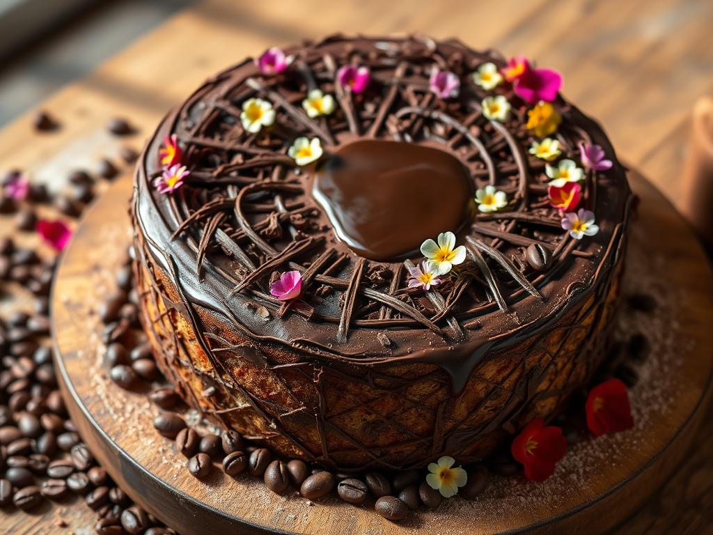 A beautifully crafted coffee cake, its surface adorned with a delicate lattice of chocolate shavings, nestled amidst a scattering of vibrant edible flowers. Soft, natural lighting casts a warm glow, highlighting the rich, moist crumb and the glossy chocolate ganache oozing seductively from the center. The cake is presented on a rustic wooden board, surrounded by aromatic coffee beans, a dusting of cocoa powder, and a few stray petals, creating a captivating and inviting still-life composition. The overall mood is one of indulgence, sophistication, and a touch of whimsy, perfectly capturing the essence of the "Dekorationsideen Kaffee Torte" section.