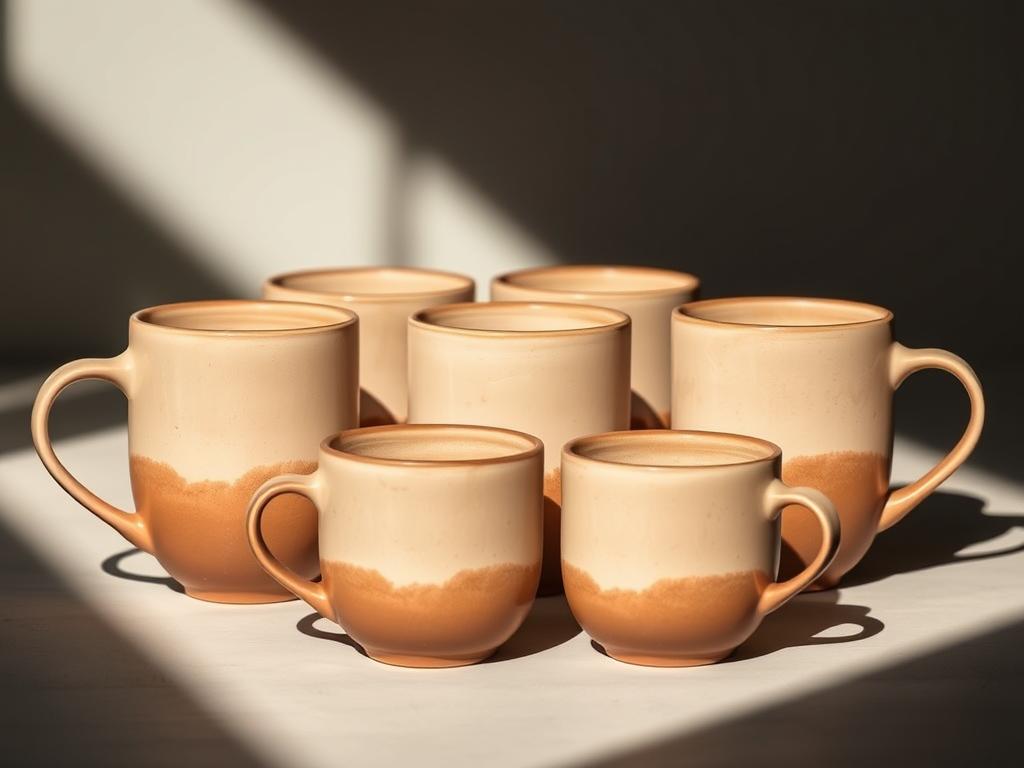 A beautifully crafted set of ceramic coffee mugs in a warm, earthy palette. The mugs feature a minimalist, contemporary design with gently curved silhouettes and a matte glaze finish. Soft, indirect lighting illuminates the subtle textures and hues of the ceramic material, creating a serene, inviting atmosphere. The mugs are arranged in a thoughtful, symmetrical composition, showcasing their elegant simplicity and highlighting the inherent warmth and durability of the ceramic construction. This high-quality coffee set embodies the perfect balance of form and function, making it an ideal choice for daily coffee enjoyment.