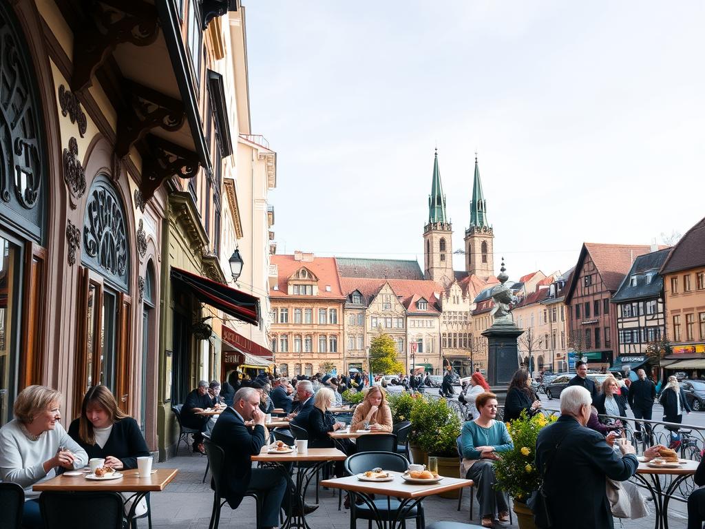 A bustling outdoor café scene in the heart of Stuttgart, Germany. In the foreground, quaint tables and chairs are filled with patrons sipping coffee and savoring delectable pastries. The middle ground showcases the charming architectural details of the surrounding buildings, their facades adorned with intricate designs and warm, inviting colors. In the background, the iconic spires of Stuttgart's historic churches rise against a clear, azure sky, creating a picturesque urban landscape. Soft, diffused natural lighting bathes the scene, evoking a cozy and inviting atmosphere. The overall composition captures the vibrant, cafe-centric culture that makes Stuttgart's cafés so beloved by locals and visitors alike.