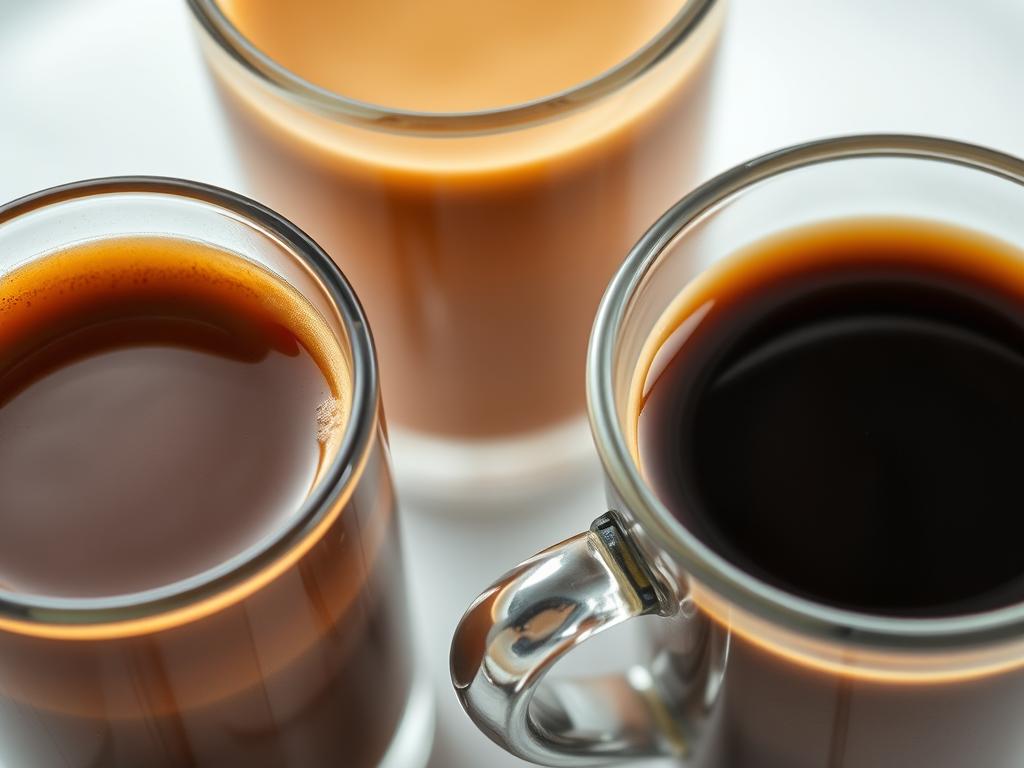 A close-up, high-resolution photograph of two espresso shots and two cups of drip coffee, with a clear visual contrast between the thick, creamy crema of the espresso and the lighter, more translucent color of the coffee. The image should be well-lit, with a shallow depth of field to emphasize the textural differences between the two drinks. The composition should be balanced, with the cups arranged in a visually pleasing way, and the overall mood should be one of clarity and attention to detail, highlighting the distinct characteristics of espresso and coffee crema.