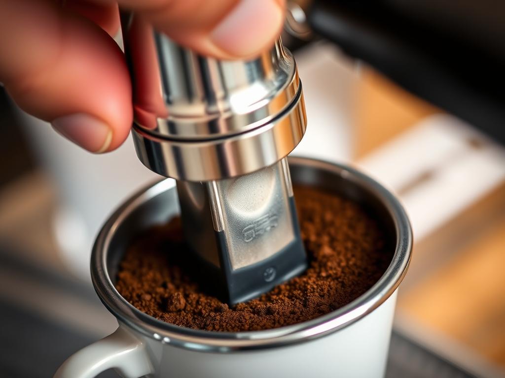 A close-up shot of a professional-grade coffee tamper being properly used to compress freshly ground coffee in a metal filter basket. The tamper is held vertically, with the user's hand applying even, moderate pressure to create a uniform, level surface for optimal espresso extraction. The tamper's ergonomic design and metallic finish catch the light, highlighting its high-quality craftsmanship. The background is softly blurred, keeping the focus on the precise, deliberate tamping technique. The overall scene conveys a sense of expertise, attention to detail, and passion for crafting the perfect espresso.