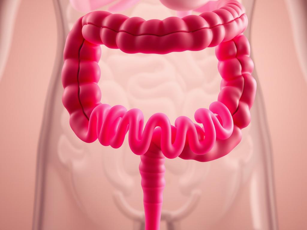 A close-up view of the human digestive system, with a focus on the intestines. The image depicts the peristaltic motion of the intestines, represented by a series of undulating waves along the length of the colon. The intestines are rendered in a vibrant, almost luminescent shade of pink, highlighting the active movement and function of the digestive tract. The background is a soft, muted tone, allowing the main subject to take center stage. The lighting is diffused and gentle, creating a sense of depth and dimensionality. The angle is slightly elevated, providing a clear view of the intestinal contractions and the intricate workings of the digestive system. The overall mood is one of scientific curiosity and fascination with the inner workings of the human body.
