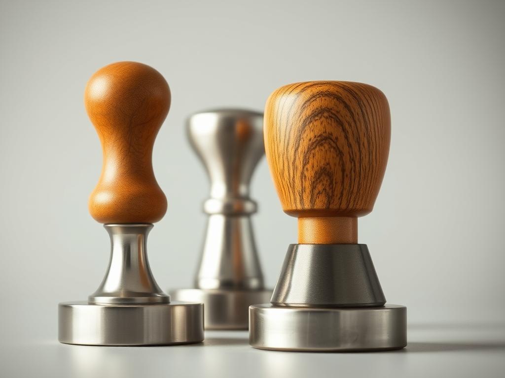 A close-up view of two espresso tampers, showcasing their distinct designs. In the foreground, a sleek stainless steel tamper with a smooth, ergonomic wooden handle, its metallic surface gleaming under warm studio lighting. In the middle ground, a contrasting tamper with a sturdy, textured metal body, its handle crafted from a rich, natural-toned wood grain. The tampers are presented against a minimalist, neutral background, allowing their materials and craftsmanship to take center stage. The image captures the subtle nuances and visual appeal of these essential espresso-making tools, highlighting the differences in their construction and aesthetic qualities.