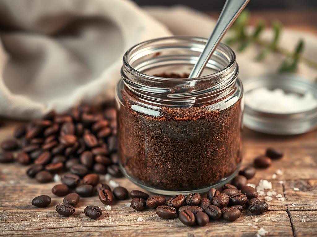 A closeup of a homemade coffee body scrub in a glass jar, with freshly ground coffee beans and sea salt visible. The scrub is situated on a rustic wooden surface, with a spoon resting in the jar. Soft, warm lighting illuminates the scene, creating a soothing, spa-like atmosphere. The background features a few simple, natural elements like a linen cloth or a plant, emphasizing the DIY, organic nature of the coffee peeling recipe. The overall composition and styling convey a sense of relaxation, self-care, and the indulgent experience of a homemade skin treatment.