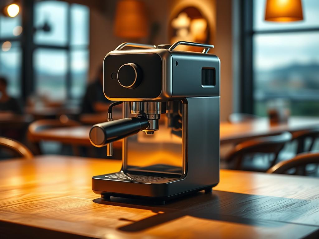 A compact, high-quality espresso machine sits on a wooden surface, surrounded by a cozy café atmosphere. The machine features a sleek, stainless steel design with clean lines and a professional-grade portafilter. Warm, directional lighting illuminates the scene, casting subtle shadows and highlighting the machine's intricate details. In the background, a blurred cityscape or countryside view creates a sense of place, hinting at the machine's portability and versatility for on-the-go coffee enjoyment. The overall mood is one of sophistication, craftsmanship, and the pleasure of a well-made, freshly brewed cup of coffee.