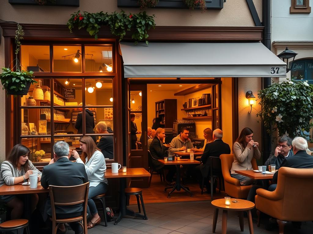 A cozy and inviting cafe in Degerloch, Stuttgart, with a warm, intimate atmosphere. The exterior features a charming facade with large windows, wooden accents, and potted plants adorning the entrance. Inside, the cafe is filled with the aroma of freshly brewed coffee and baked goods, with a mix of wooden tables, plush armchairs, and soft lighting creating a welcoming ambiance. Customers engage in lively conversations, sipping their drinks and enjoying the relaxed pace of the neighborhood. The cafe's decor blends traditional and modern elements, reflecting the cafe's status as a beloved local gathering place. A picturesque scene that captures the essence of Degerloch's cafe culture. A cozy and inviting cafe in Degerloch, Stuttgart, with a warm, intimate atmosphere. The exterior fe