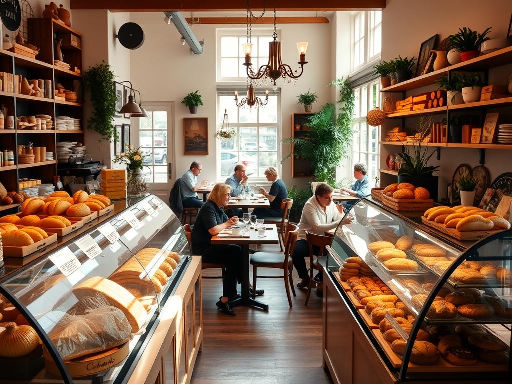 A cozy and inviting interior of the Degerloch Café in Stuttgart, showcasing an abundant display of freshly baked goods and pastries. The foreground features an artful arrangement of breads, croissants, and other tempting treats on the cafe's counters, highlighted by soft, natural lighting filtering through large windows. In the middle ground, patrons enjoy their beverages and meals at neatly arranged tables, creating a lively yet relaxed atmosphere. The background depicts the café's charming decor, with wooden furnishings, plants, and a warm color palette, conveying a sense of traditional German hospitality and craftsmanship. A cozy and inviting interior of the Degerloch Café in Stuttgart, showcasing an abundant display of