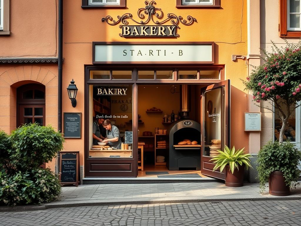 A cozy and traditional Swabian bakery in the heart of Degerloch, Stuttgart. The façade features warm, earthy tones and a timeless design, hinting at the bakery's rich history. A wrought-iron sign hangs above the entrance, casting intriguing shadows. The large storefront windows offer a glimpse of the bustling activity within, where skilled bakers knead dough and slide fragrant loaves into a vintage wood-fired oven. The scene is bathed in soft, golden light, creating a welcoming and nostalgic atmosphere. In the foreground, a classic Degerloch cobblestone street leads the viewer's gaze towards the bakery, framed by lush greenery and a charming, historic townscape. A cozy and traditional Swabian bakery in the heart of Degerloch, Stuttgart. The façade features war