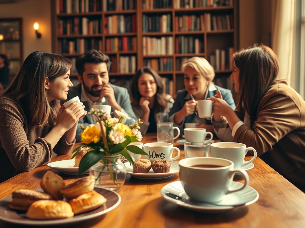 A cozy cafe scene, with a group of friends gathered around a wooden table, engaged in lively conversation over steaming cups of coffee. The warm lighting casts a golden glow, creating a convivial atmosphere. In the foreground, a plate of assorted pastries and a vase of fresh flowers add a touch of elegance. The middle ground features the engaged friends, their expressions animated as they discuss a variety of topics, from current events to personal anecdotes. In the background, a bookshelf filled with volumes suggests an intellectual undercurrent to the gathering. The overall composition evokes a sense of camaraderie, intellectual stimulation, and the joy of shared experiences over a cup of coffee.
