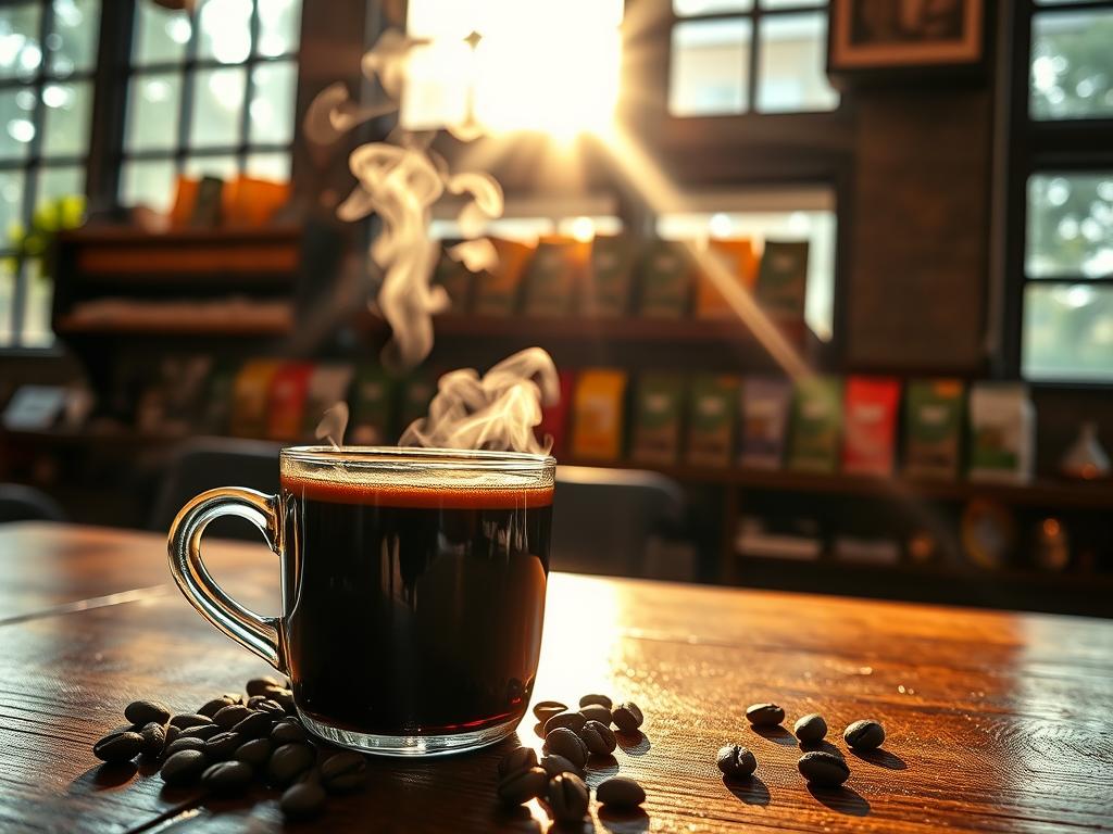 A cozy café setting, sunlight filtering through large windows, illuminating a steaming cup of "Kaffee Long" on a wooden table. The rich, dark brew glistens, its aroma mingling with the scent of freshly ground beans. In the background, shelves display an array of premium coffee bags, highlighting the diverse bean varieties perfect for crafting the perfect Kaffee Long. The atmosphere is warm and inviting, capturing the essence of this sophisticated coffee experience. A subtle hint of sophistication in the scene's composition and lighting suggests the luxurious nature of this coffee indulgence.