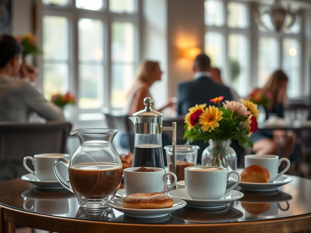A cozy cafe setting with a table showcasing an elegant coffee service, including a sleek glass carafe, delicate porcelain cups, and an assortment of freshly baked pastries and sweet treats. Soft natural lighting filters through large windows, casting a warm glow over the scene. The table is adorned with vibrant floral arrangements, adding a touch of sophistication. In the background, blurred silhouettes of friends engaged in lively conversation create a sense of community and togetherness, setting the stage for an ideal Kaffee Klatsch experience.
