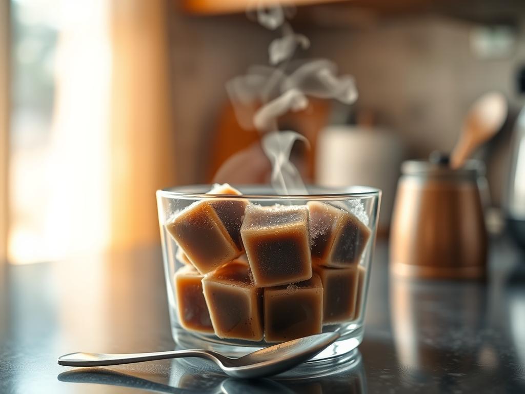 A cozy kitchen counter, delicate steam rising from a glass container filled with frozen coffee cubes. Soft, warm lighting casts a gentle glow, highlighting the condensation beading on the surface. In the foreground, a small spoon rests, ready to stir and melt the icy coffee, slowly returning it to its rich, aromatic state. The background blurs into a hazy, inviting atmosphere, setting the stage for the simple yet satisfying process of thawing frozen coffee.