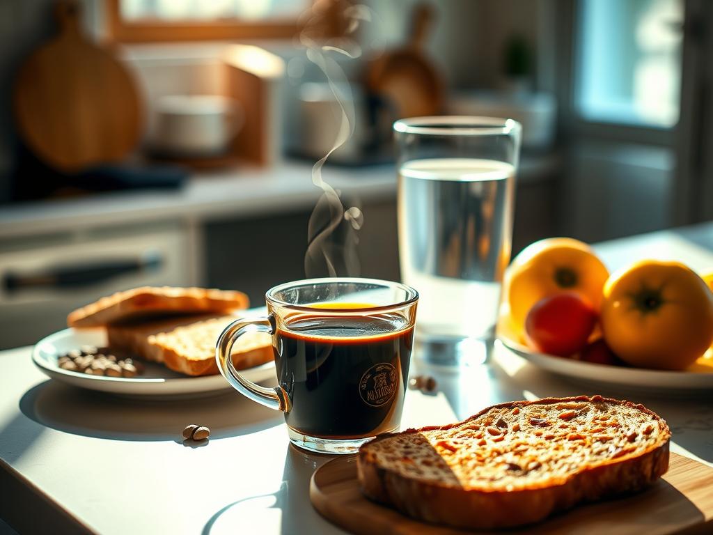 A cozy kitchen counter with a freshly brewed cup of aromatic coffee, accompanied by a variety of healthy breakfast options such as whole grain toast, fresh fruit, and a glass of water. The scene is bathed in warm, natural lighting, creating a calming and inviting atmosphere. The composition emphasizes the importance of a balanced and mindful approach to coffee consumption, with the focus on the coffee itself and the surrounding elements that contribute to an optimal digestive experience.