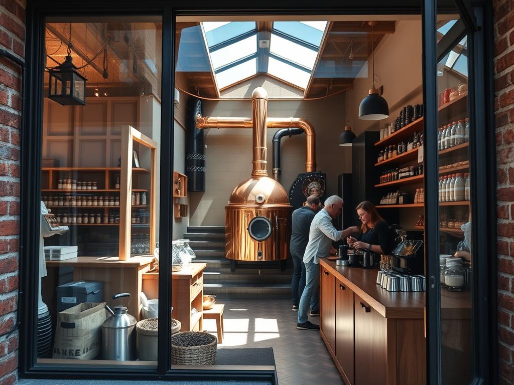 A cozy specialty coffee roastery in the heart of Stuttgart, with a rustic brick exterior and large windows that invite passersby to step inside. Through the glass, glimpse the artful display of roasted beans and the gleaming copper-colored roaster, casting a warm glow over the intimate space. Wooden shelves and countertops create a welcoming, homely ambiance, while the aroma of freshly brewed coffee permeates the air. Sunlight streams in, illuminating the skilled baristas at work, meticulously crafting each cup to perfection. The overall scene exudes a sense of craft, quality, and the passion for the art of coffee roasting and brewing.