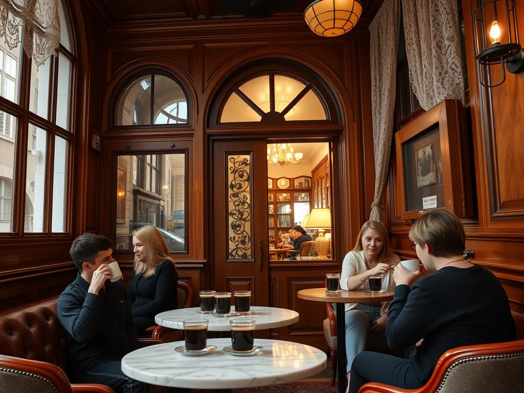 A cozy, traditional Kaffeehaus nestled in the charming neighborhood of Degerloch. The facade features ornate arched windows and a warm, inviting entrance. Inside, polished wood paneling and plush seating create an intimate, old-world ambiance. Patrons sip rich, fragrant espresso beverages at small marble-topped tables, immersed in conversation and the aroma of freshly roasted coffee beans. Soft natural light filters through lace curtains, casting a gentle glow over the scene. An air of relaxation and indulgence permeates the space, inviting visitors to savor the distinct flavors and aromas of this quintessential Viennese-style cafe.